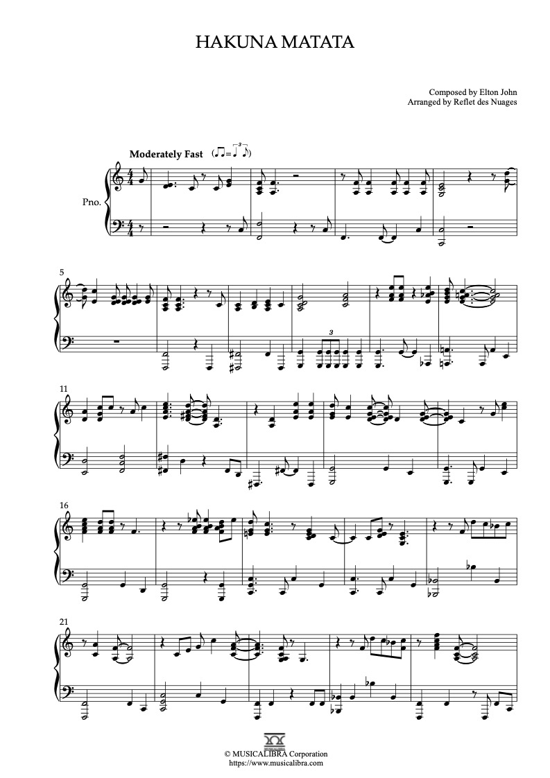 The Lion King Theme Hakuna Matata 钢琴 独奏 乐谱