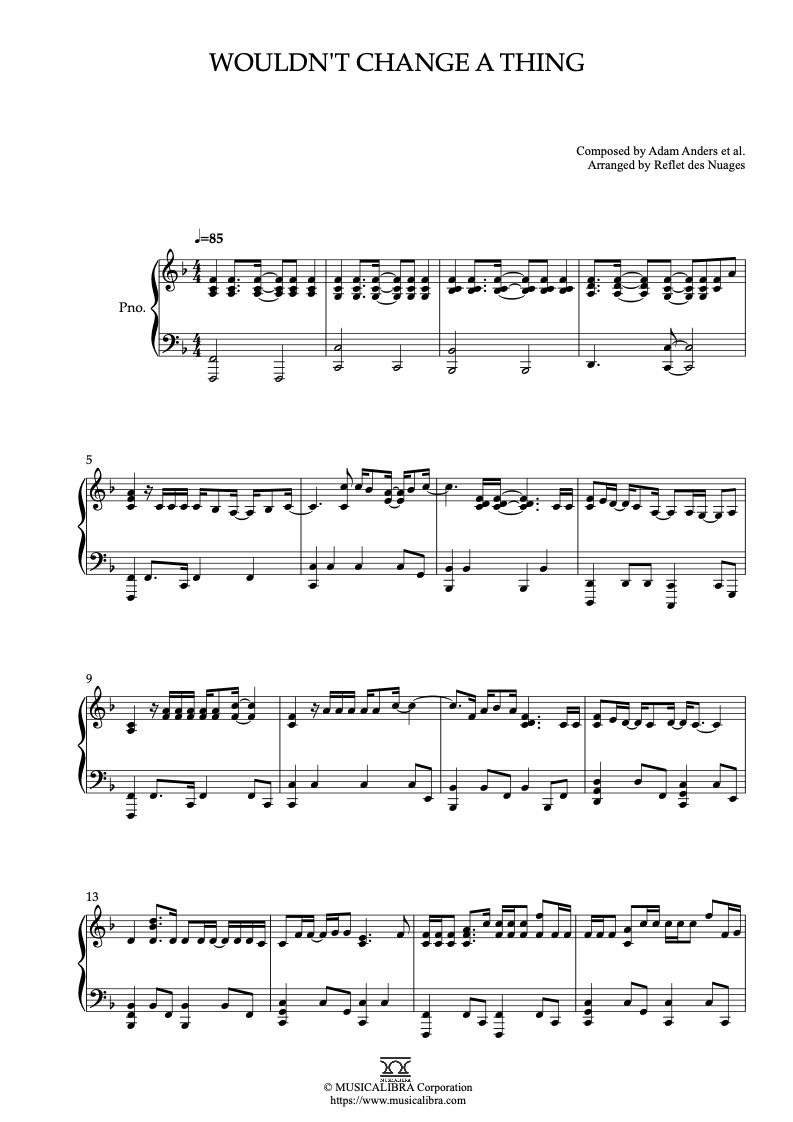 Sheet music of Camp Rock Wouldn't Change a Thing arranged for piano solo preview page 1