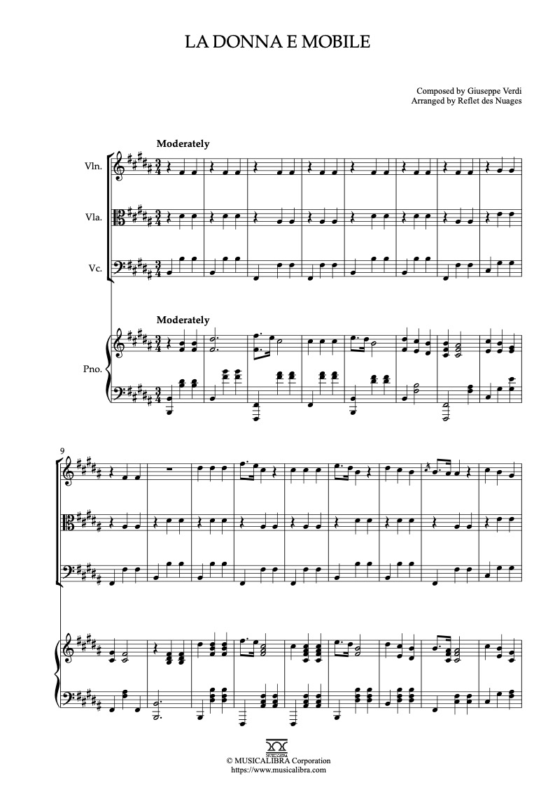 La donna e mobile 編曲楽譜 - ヴァイオリン、ビオラ、チェロ、ピアノ 室内楽 アンサンブル