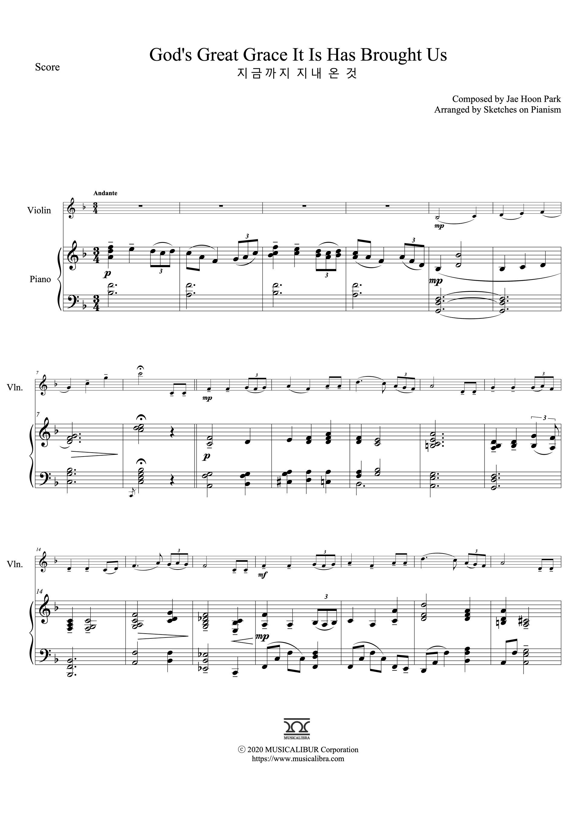 God's Great Grace It Is Has Brought Us 二重奏 樂譜 - 小提琴, 鋼琴