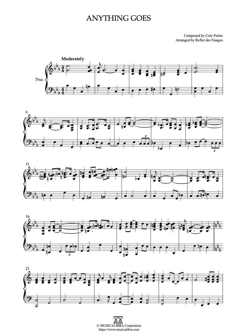 Sheet music of Cole Porter Anything Goes arranged for piano solo preview page 1