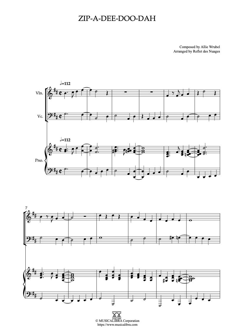 Sheet music of The Song of the South Zip-A-Dee-Doo-Dah arranged for violin, cello and piano trio chamber ensemble preview page 1