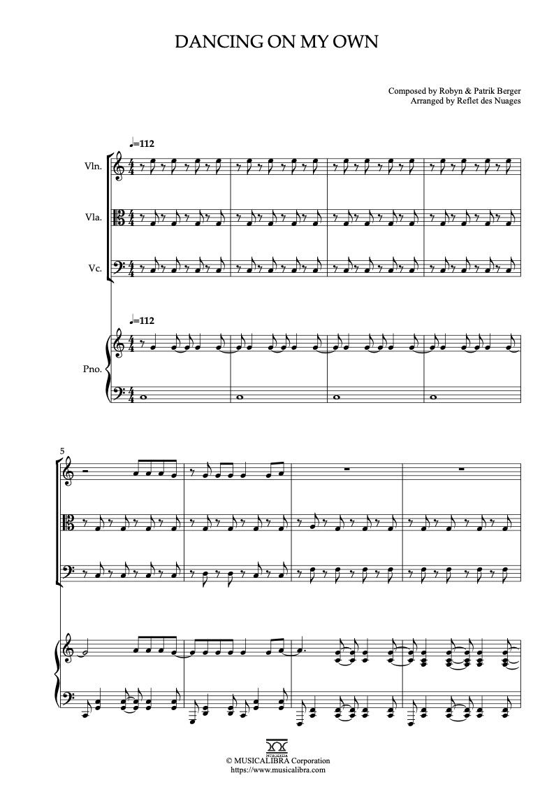 Partitura de Robyn Dancing on My Own arreglada para cuarteto de violín, viola, violonchelo y piano