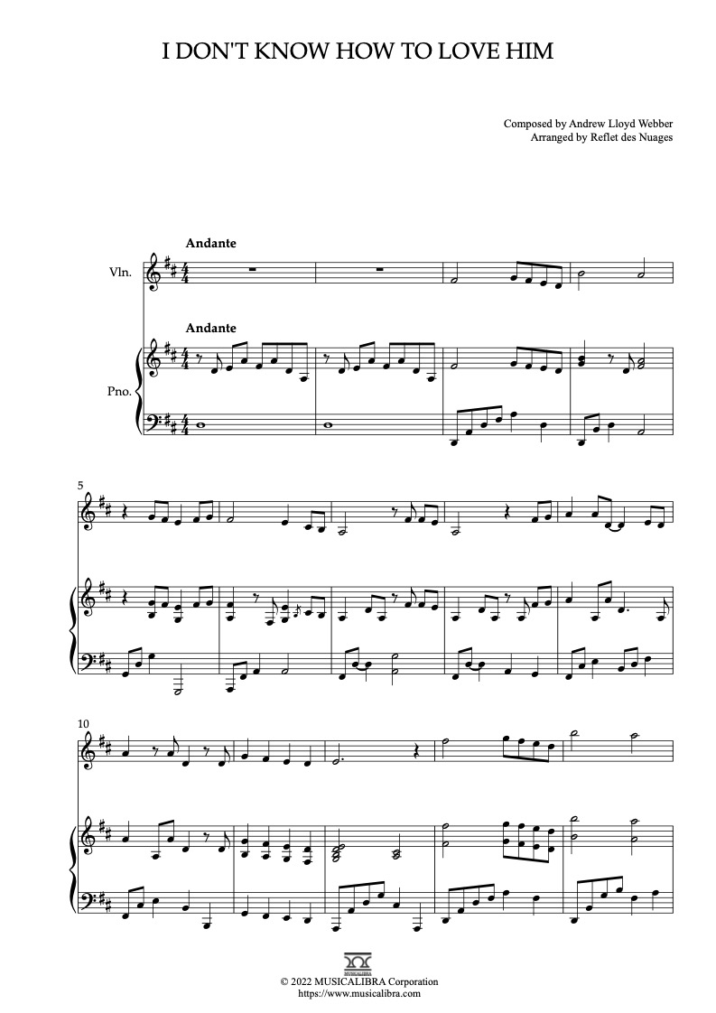 Partitura de I Don't Know How to Love Him arreglada para dueto de violín y piano