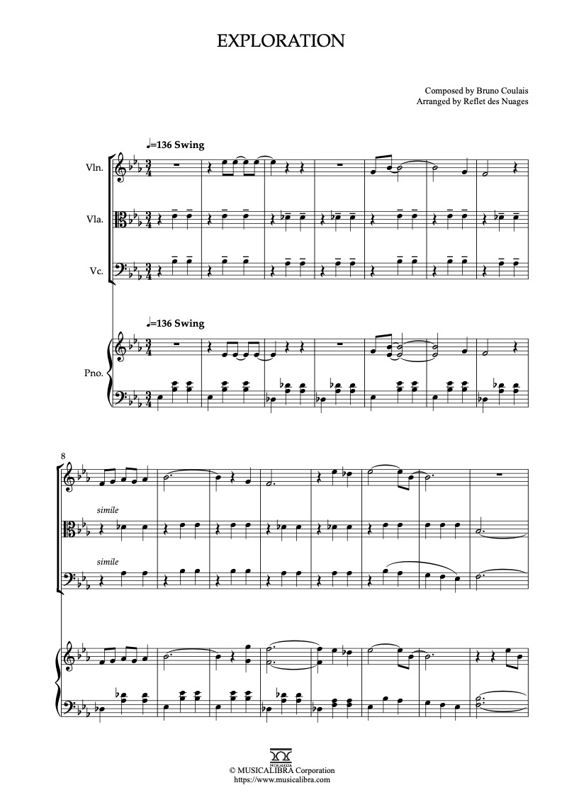 Partitura de Coraline Exploration arreglada para cuarteto de violín, viola, violonchelo y piano