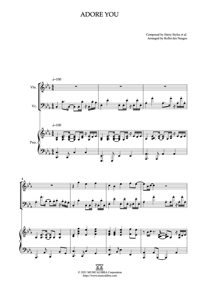 Harry Styles Adore You 編曲楽譜 - ヴァイオリン、チェロ、ピアノトリオ