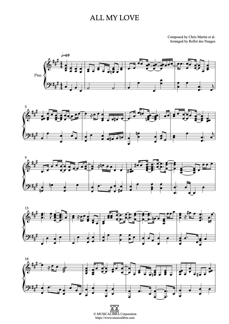 Sheet music of Coldplay ALL MY LOVE arranged for piano solo preview page 1