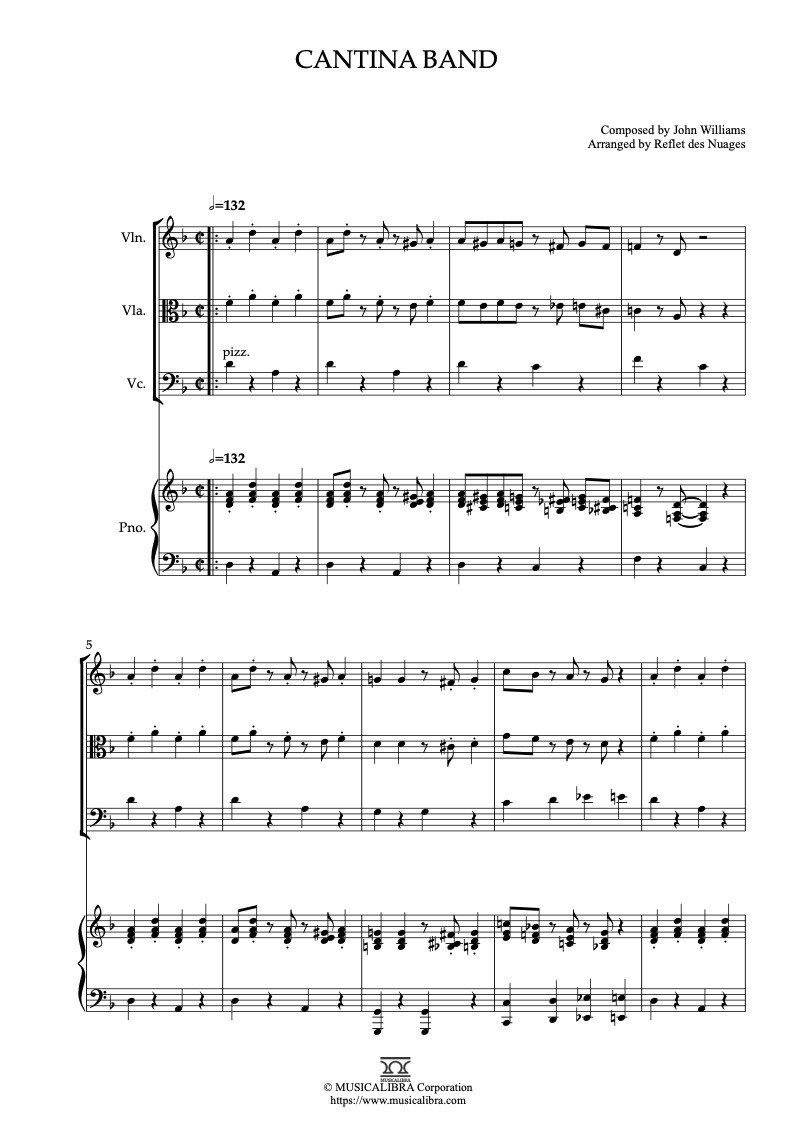 Sheet music of John Williams Cantina Band arranged for violin, viola, cello and piano quartet chamber ensemble preview page 1