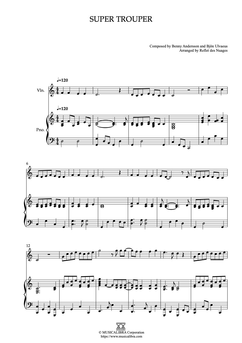 Partitura de ABBA Super Trouper arreglada para dueto de violín y piano