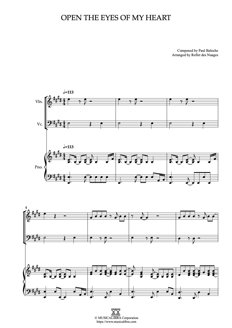 Partitura de Open the Eyes of My Heart arreglada para trío de violín, violonchelo y piano