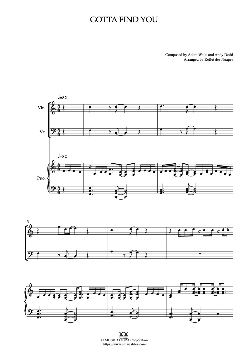 Sheet music of Camp Rock Gotta Find You arranged for violin, cello and piano trio chamber ensemble preview page 1