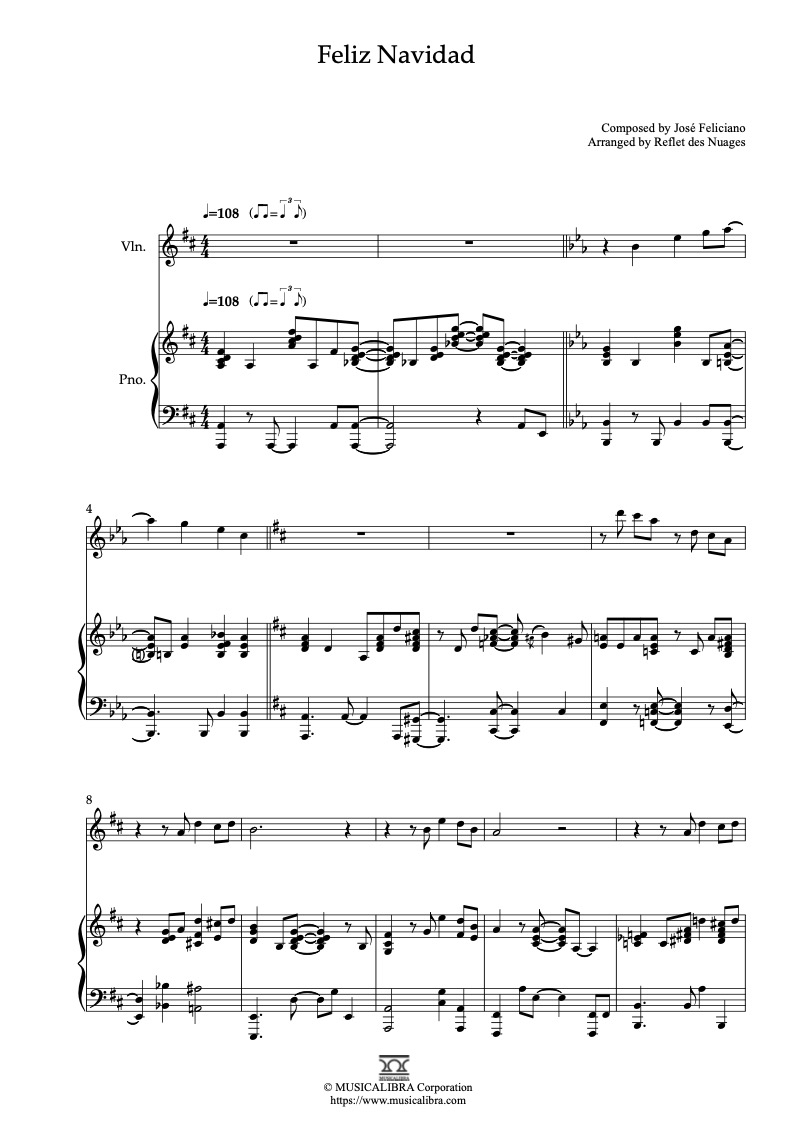 Feliz Navidad 二重奏 乐谱 - 小提琴, 钢琴