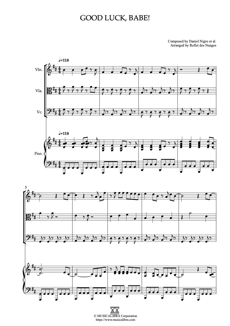 Partitura de Good Luck, Babe! arreglada para cuarteto de violín, viola, violonchelo y piano
