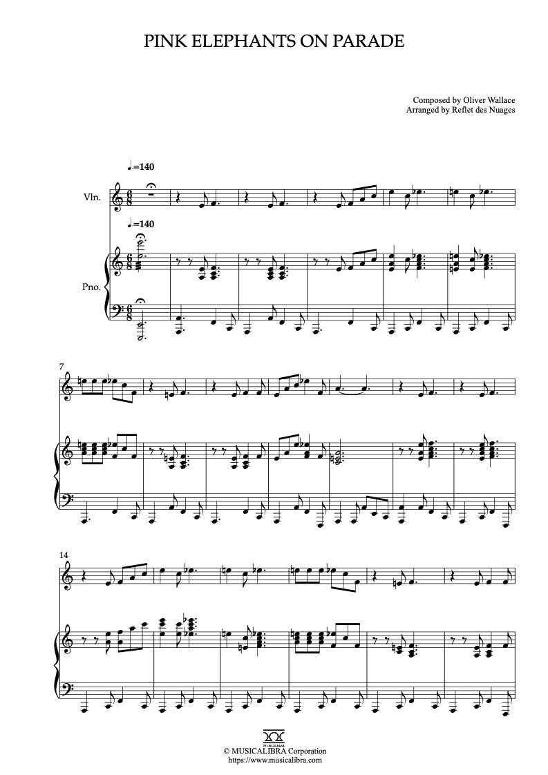 Sheet music of Dumbo Pink Elephants on Parade arranged for violin and piano duet chamber ensemble preview page 1