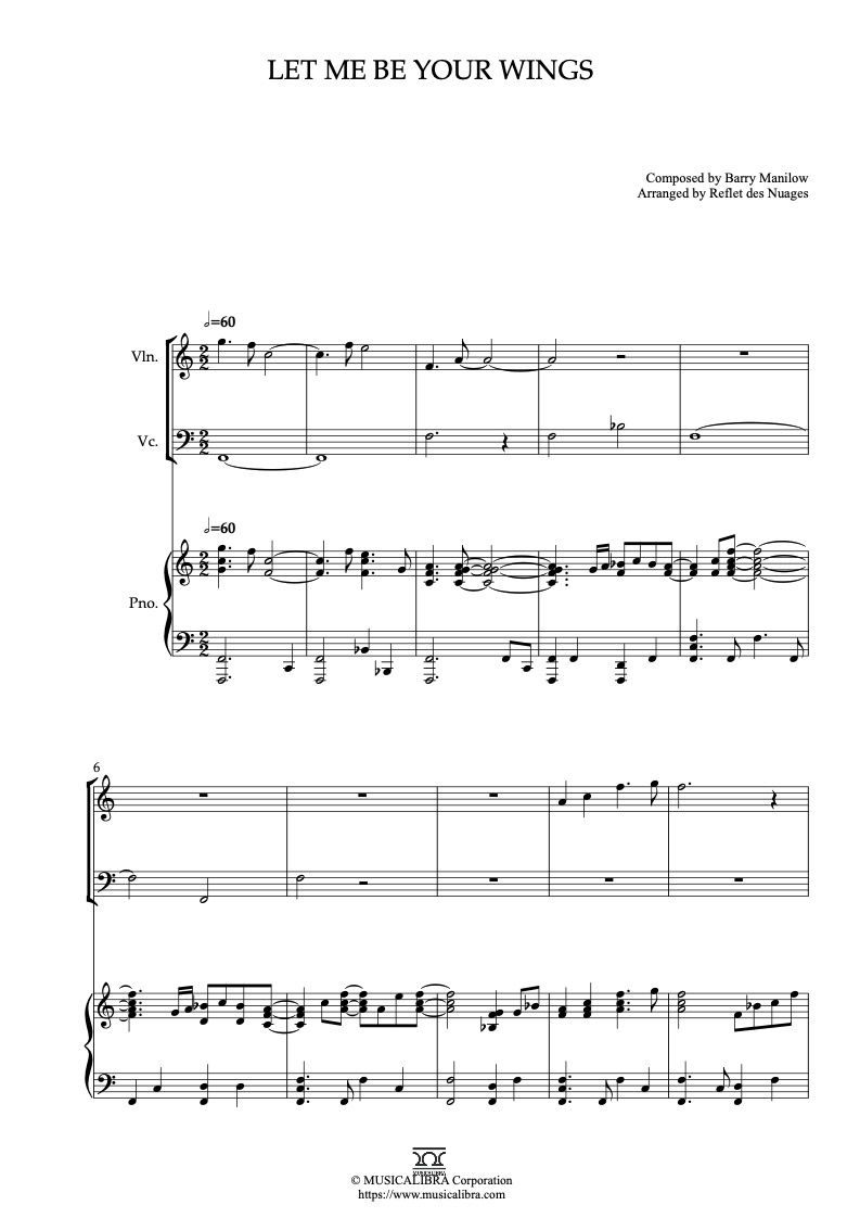 Sheet music of Thumbelina Let Me Be Your Wings arranged for violin, cello and piano trio chamber ensemble preview page 1