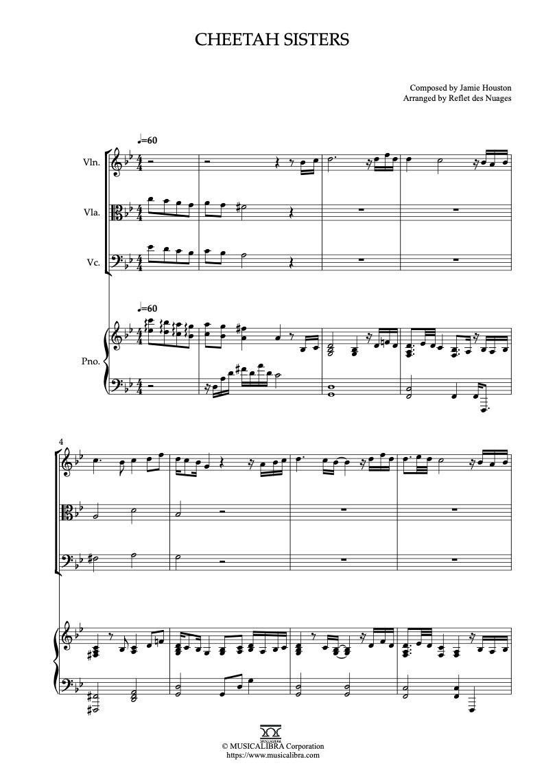 Sheet music of Cheetah Sisters arranged for violin, viola, cello and piano quartet chamber ensemble preview page 1