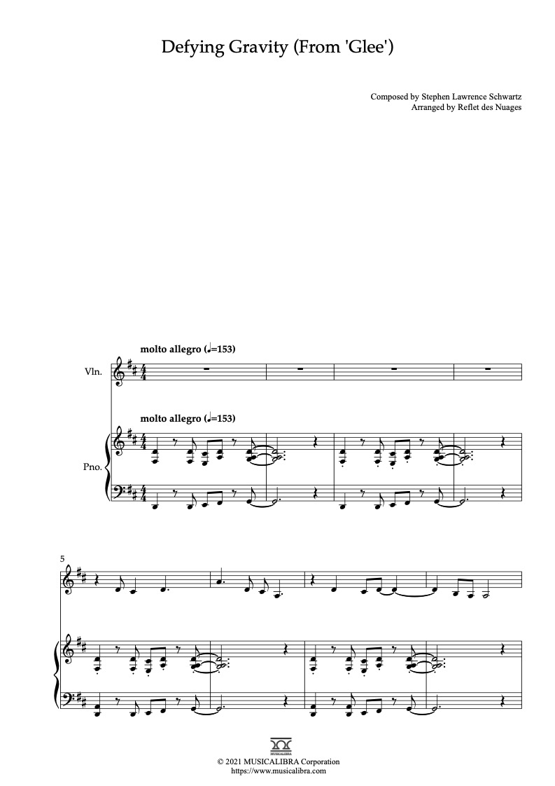 Partitura de Defying Gravity from Glee arreglada para dueto de violín y piano