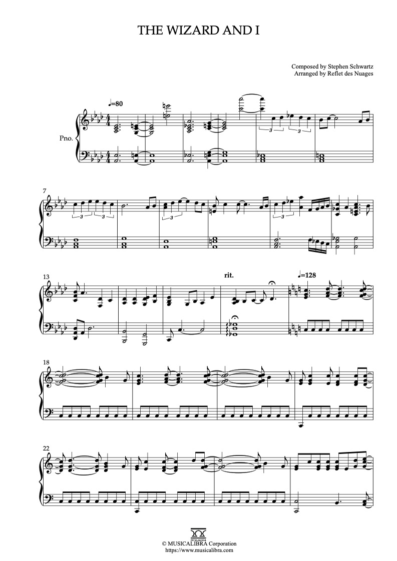 Sheet music of Wicked The Wizard and I arranged for piano solo preview page 1