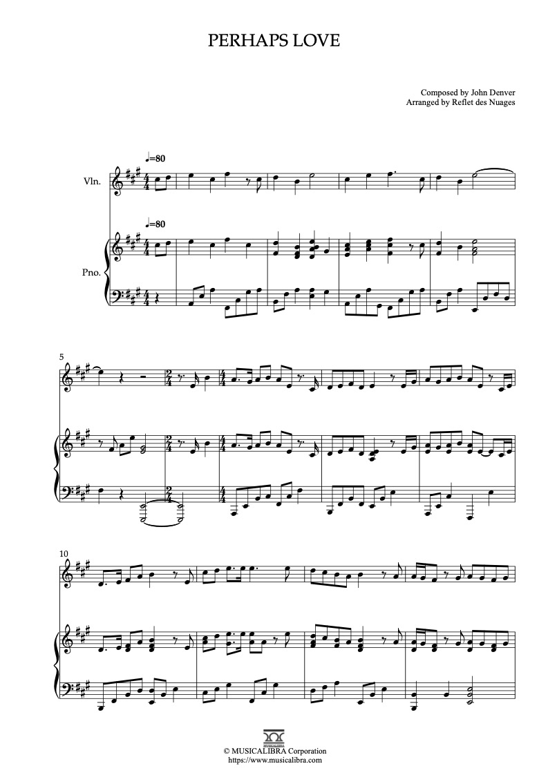 Partitura de Perhaps Love arreglada para dueto de violín y piano