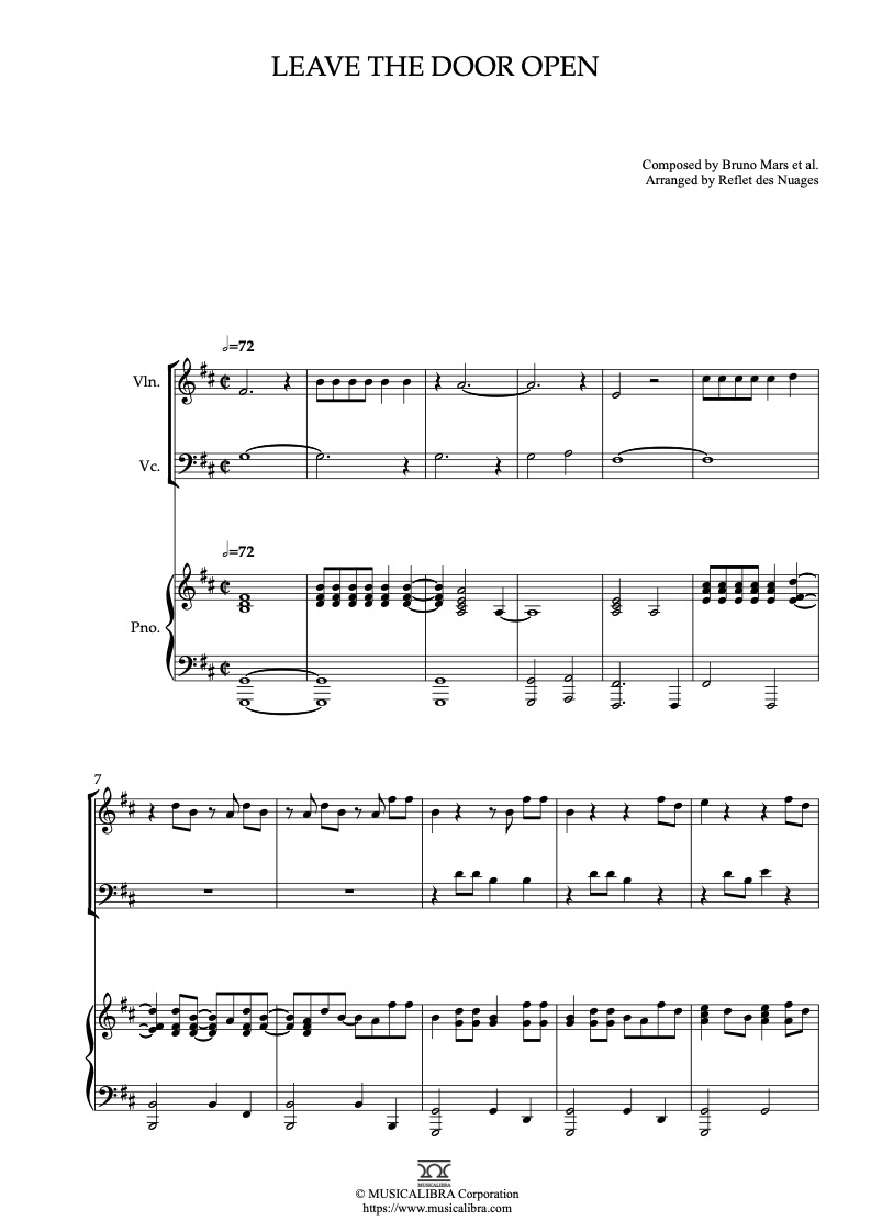 Sheet music of Leave the Door Open arranged for violin, cello and piano trio chamber ensemble preview page 1