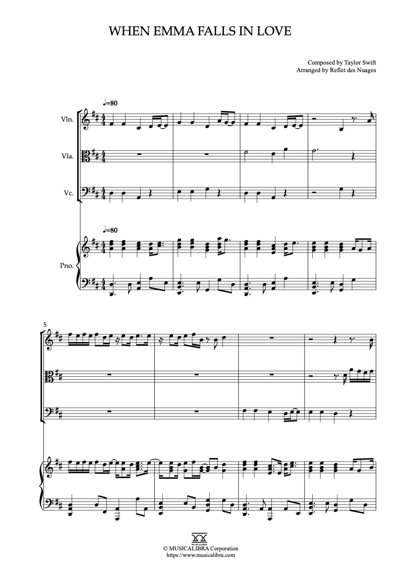 Sheet music of Taylor Swift When Emma Falls in Love arranged for violin, viola, cello and piano quartet chamber ensemble preview page 1
