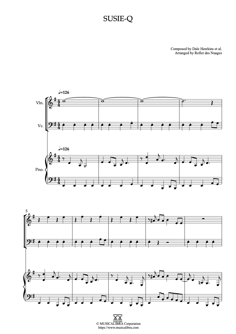 Partitura de Creedence Clearwater Revival Susie-Q arreglada para trío de violín, violonchelo y piano