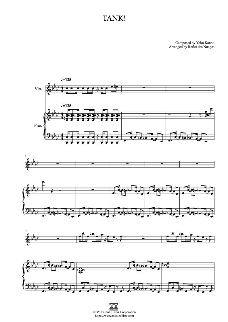 Partitura de Cowboy Bebop Tank! arreglada para dueto de violín y piano
