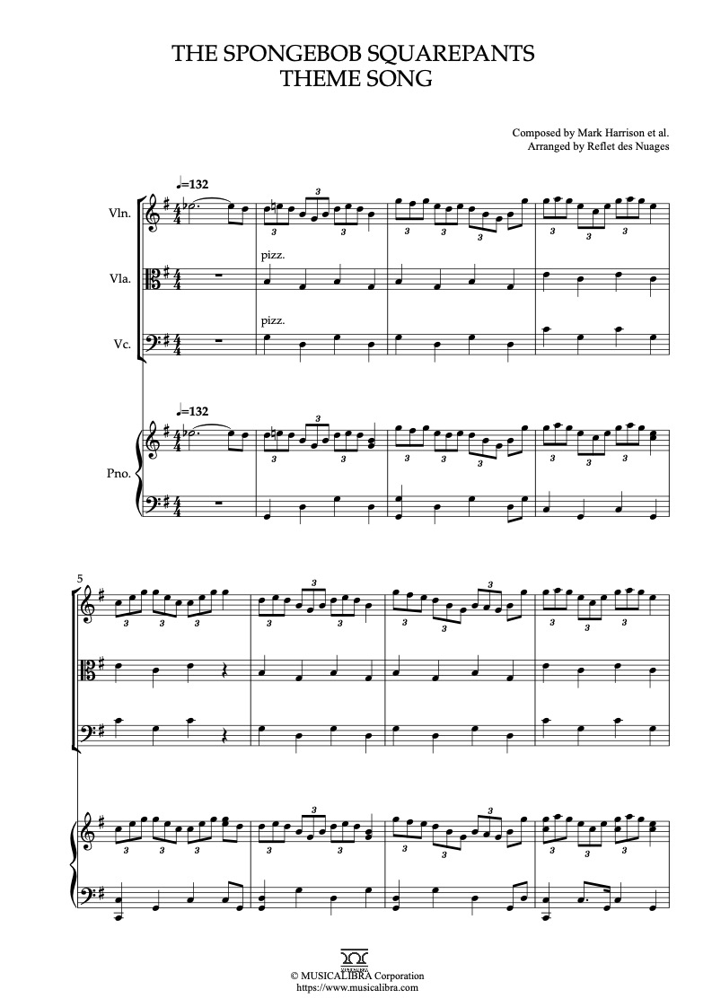 The SpongeBob SquarePants Theme Song 四重奏 乐谱 - 小提琴, 中提琴, 大提琴, 钢琴
