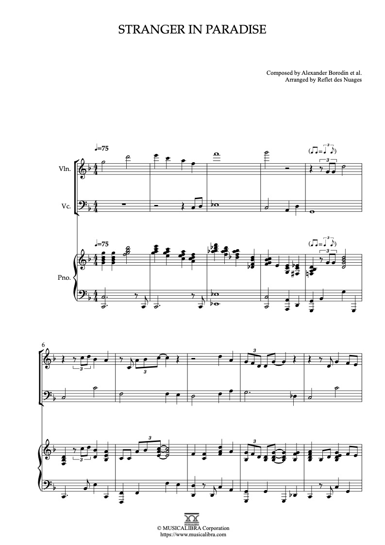 Alexander Borodin Stranger in Paradise 編曲楽譜 - ヴァイオリン、チェロ、ピアノトリオ