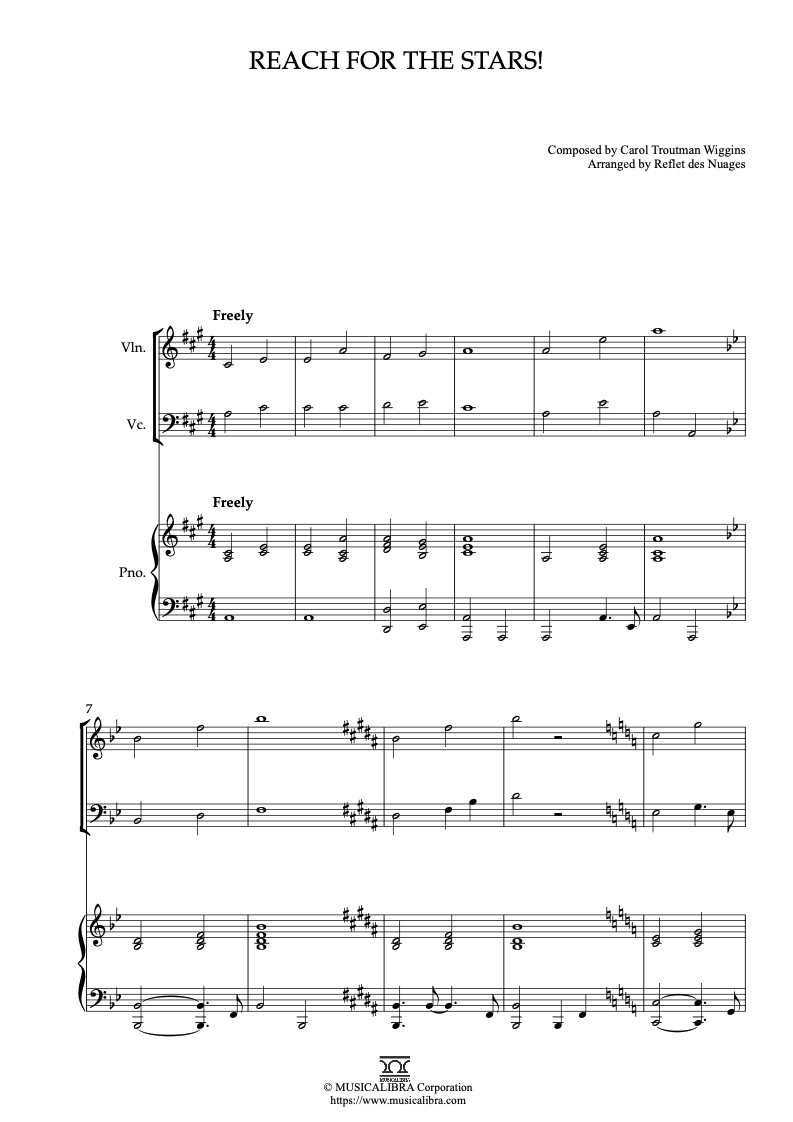 Sheet music of Reach for the Stars! arranged for violin, cello and piano trio chamber ensemble preview page 1