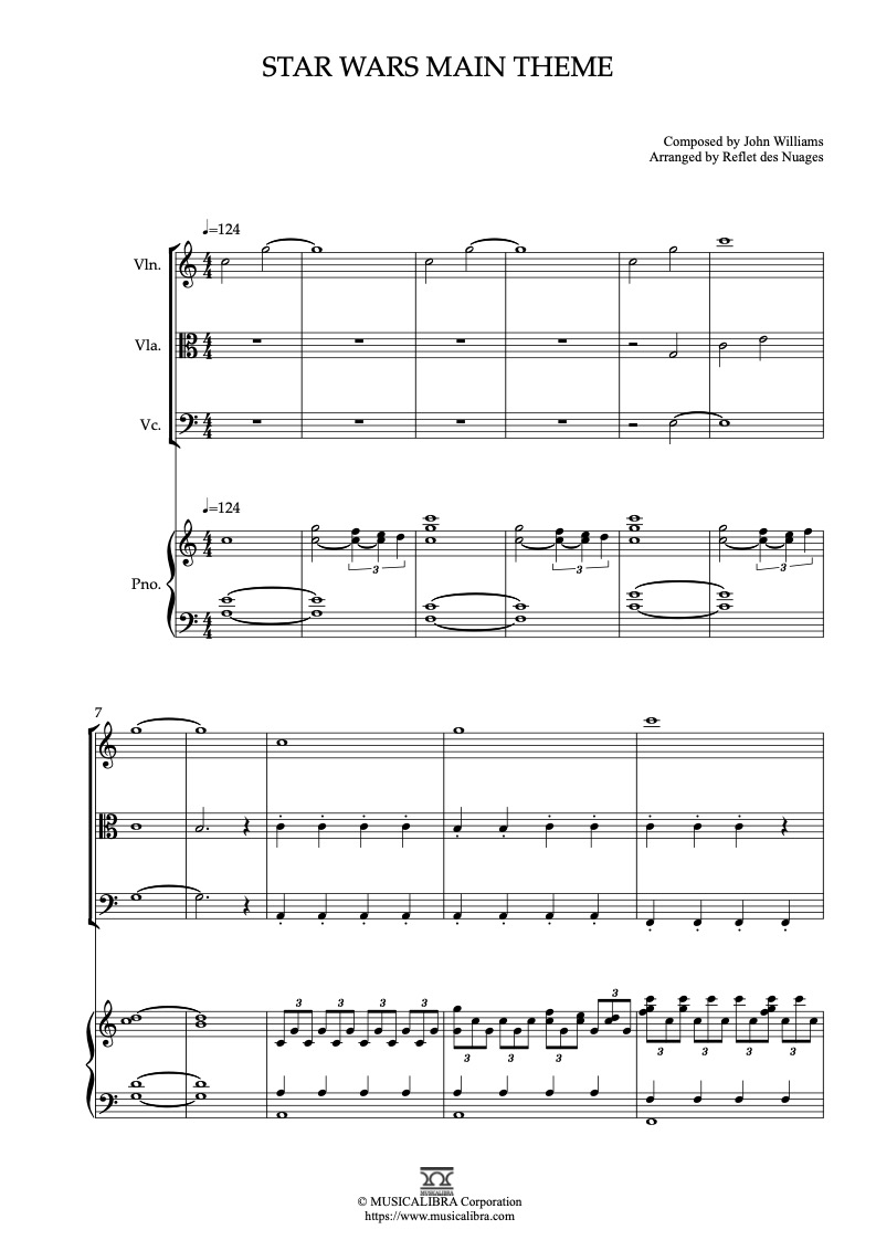 Partitura de Star Wars Main Theme arreglada para cuarteto de violín, viola, violonchelo y piano