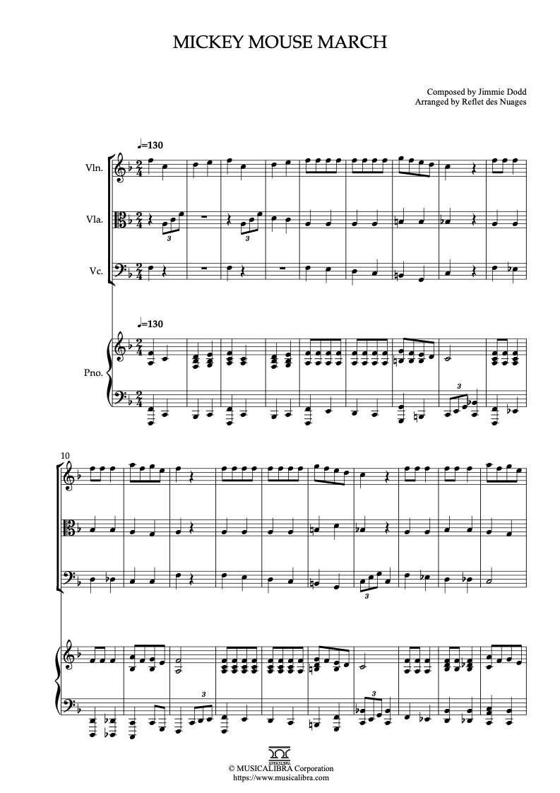 Mickey Mouse Club Mickey Mouse March 編曲楽譜 - ヴァイオリン、ビオラ、チェロ、ピアノ 室内楽 アンサンブル