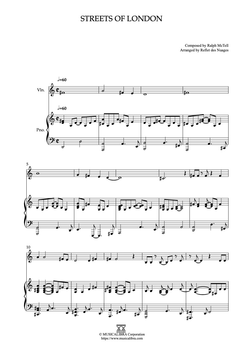 Sheet music of Streets of London arranged for violin and piano duet chamber ensemble preview page 1