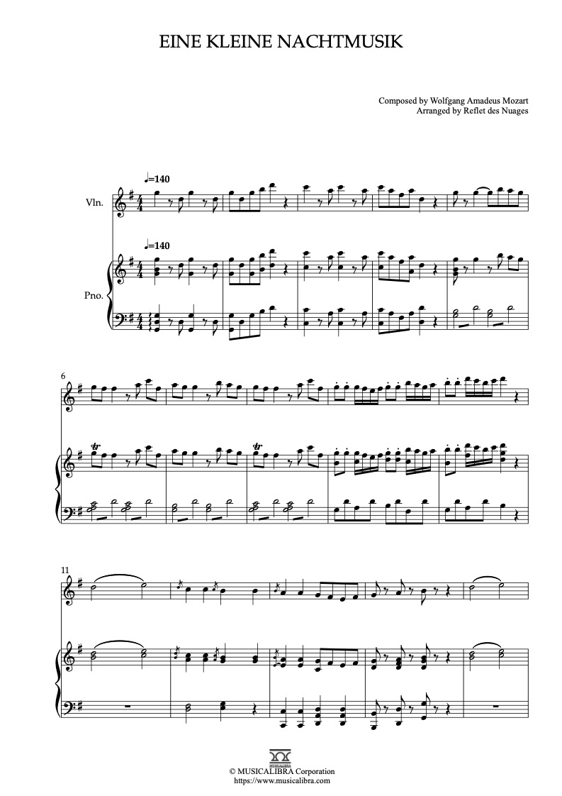 Sheet music of Eine kleine Nachtmusik arranged for violin and piano duet chamber ensemble preview page 1