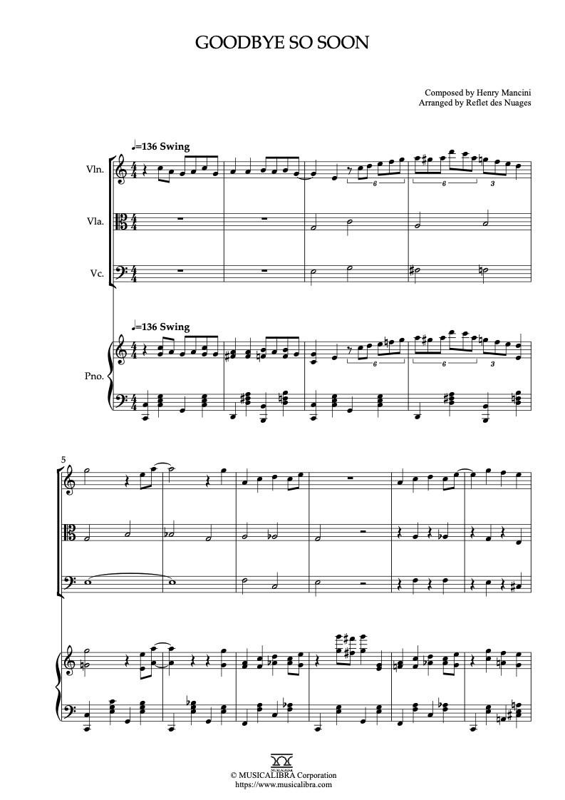 The Great Mouse Detective Goodbye So Soon 編曲楽譜 - ヴァイオリン、ビオラ、チェロ、ピアノ 室内楽 アンサンブル