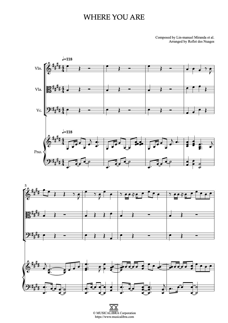 Sheet music of Moana Where You Are arranged for violin, viola, cello and piano quartet chamber ensemble preview page 1