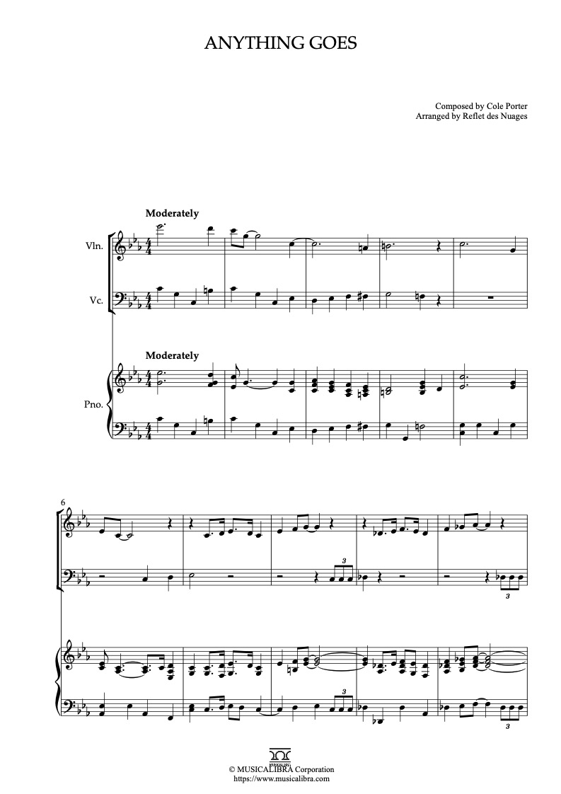 Sheet music of Cole Porter Anything Goes arranged for violin, cello and piano trio chamber ensemble preview page 1