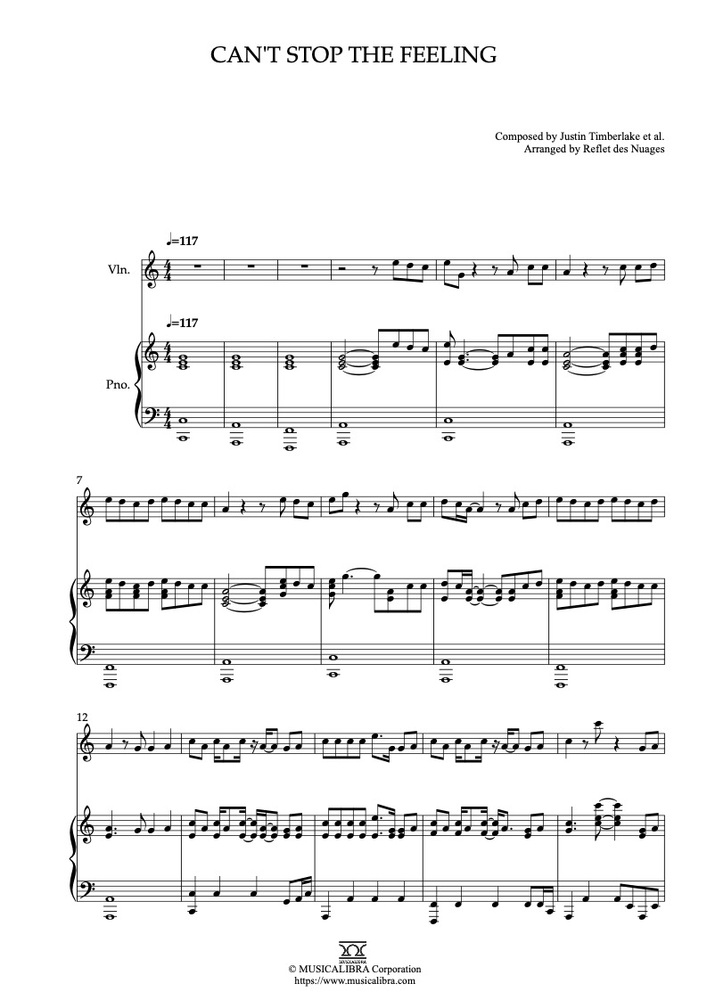 Sheet music of Justin Timberlake Can't Stop the Feeling arranged for violin and piano duet chamber ensemble preview page 1