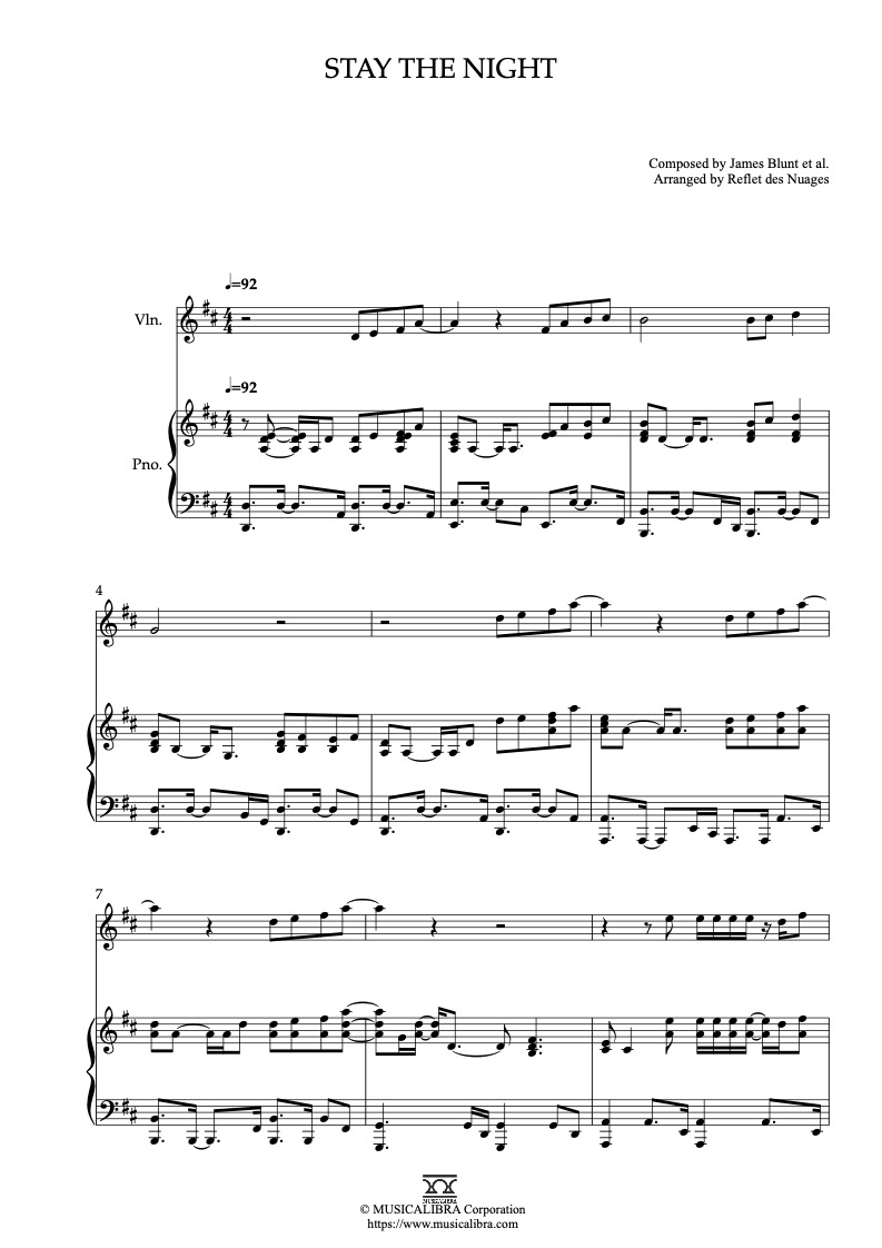 Partitura de James Blunt Stay the Night arreglada para dueto de violín y piano