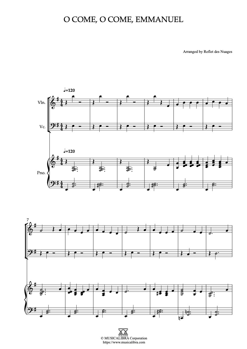 Partitura de O Come, O Come, Emmanuel arreglada para trío de violín, violonchelo y piano