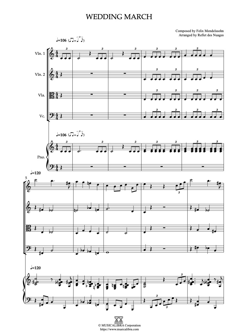 Wedding March 編曲楽譜 - ヴァイオリン 1/2、ビオラ、チェロ、ピアノ 室内楽 アンサンブル