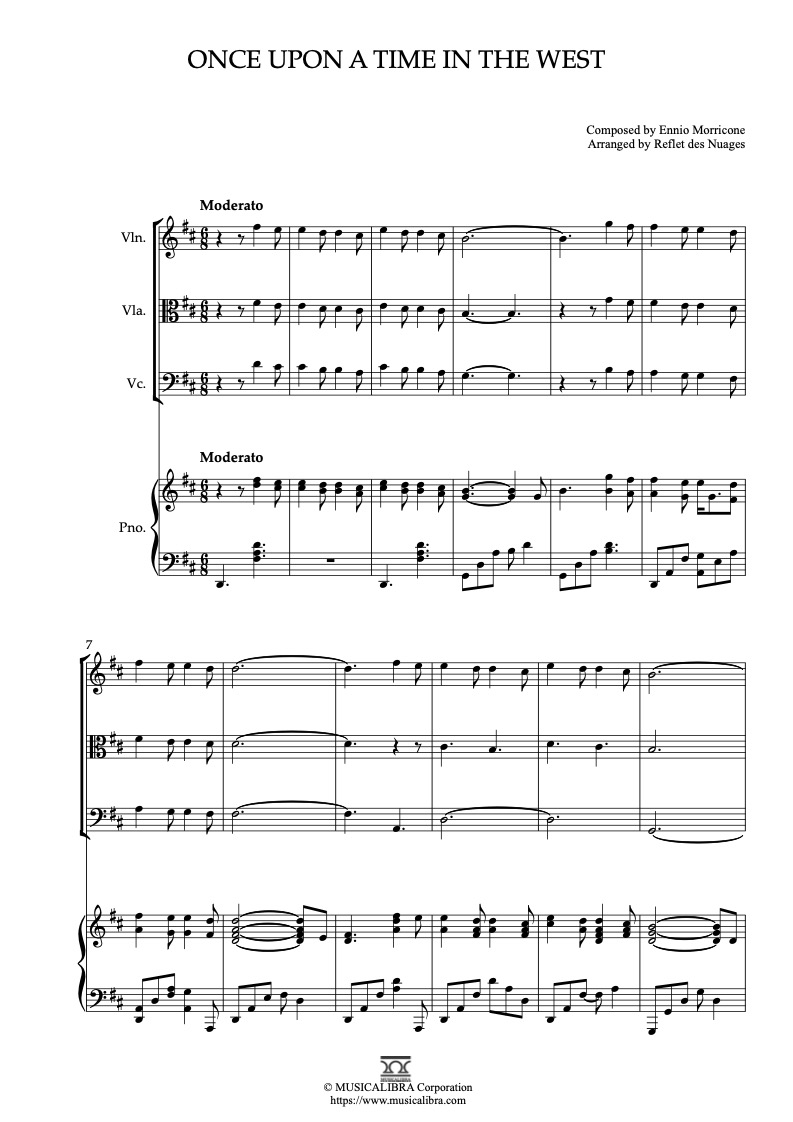Partitura de Once Upon a Time in the West arreglada para cuarteto de violín, viola, violonchelo y piano