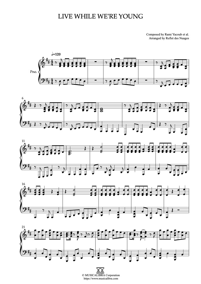 Sheet music of One Direction Live While We're Young arranged for piano solo preview page 1