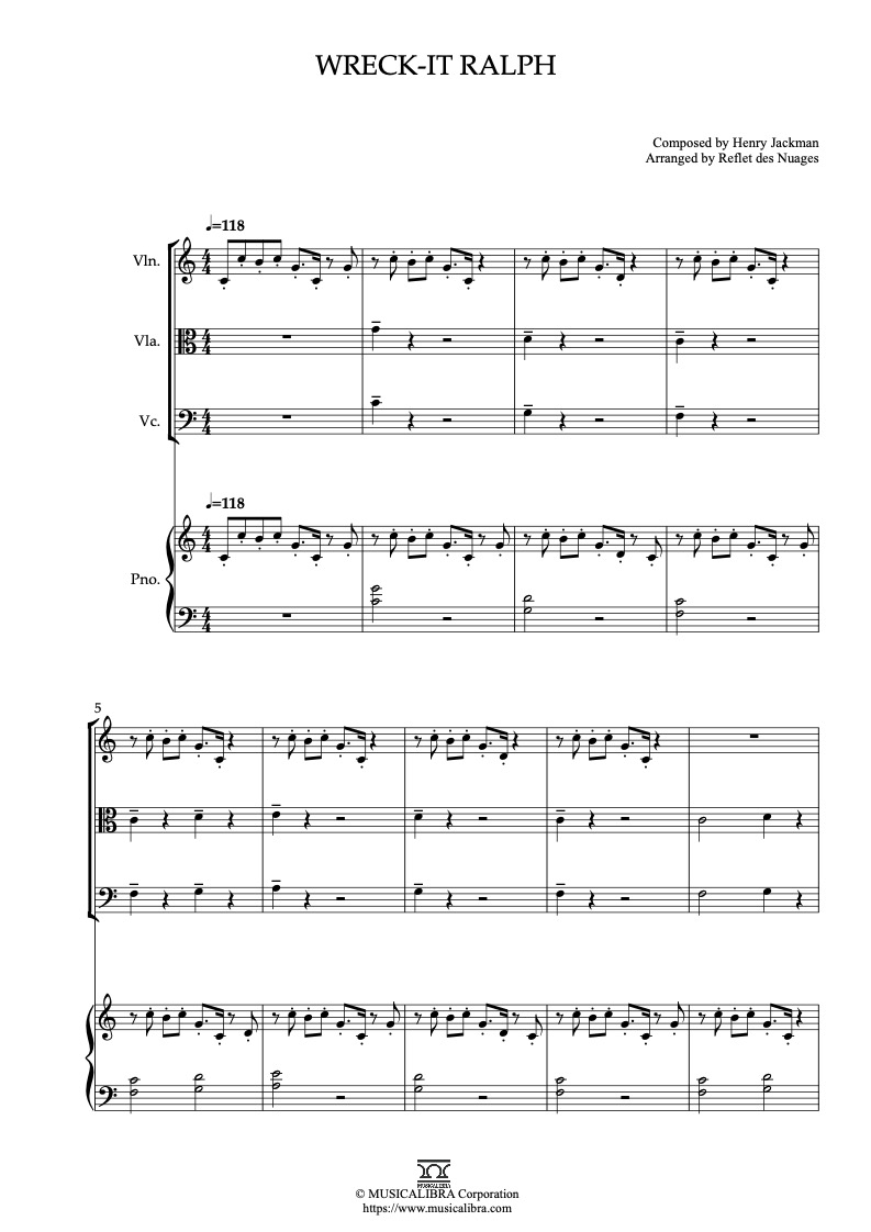 Partitura de Wreck-It Ralph arreglada para cuarteto de violín, viola, violonchelo y piano