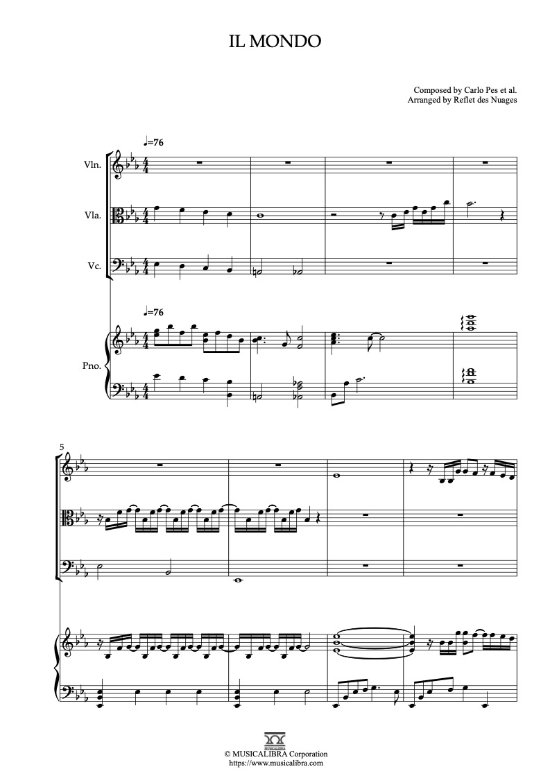 Partitura de Il Mondo arreglada para cuarteto de violín, viola, violonchelo y piano