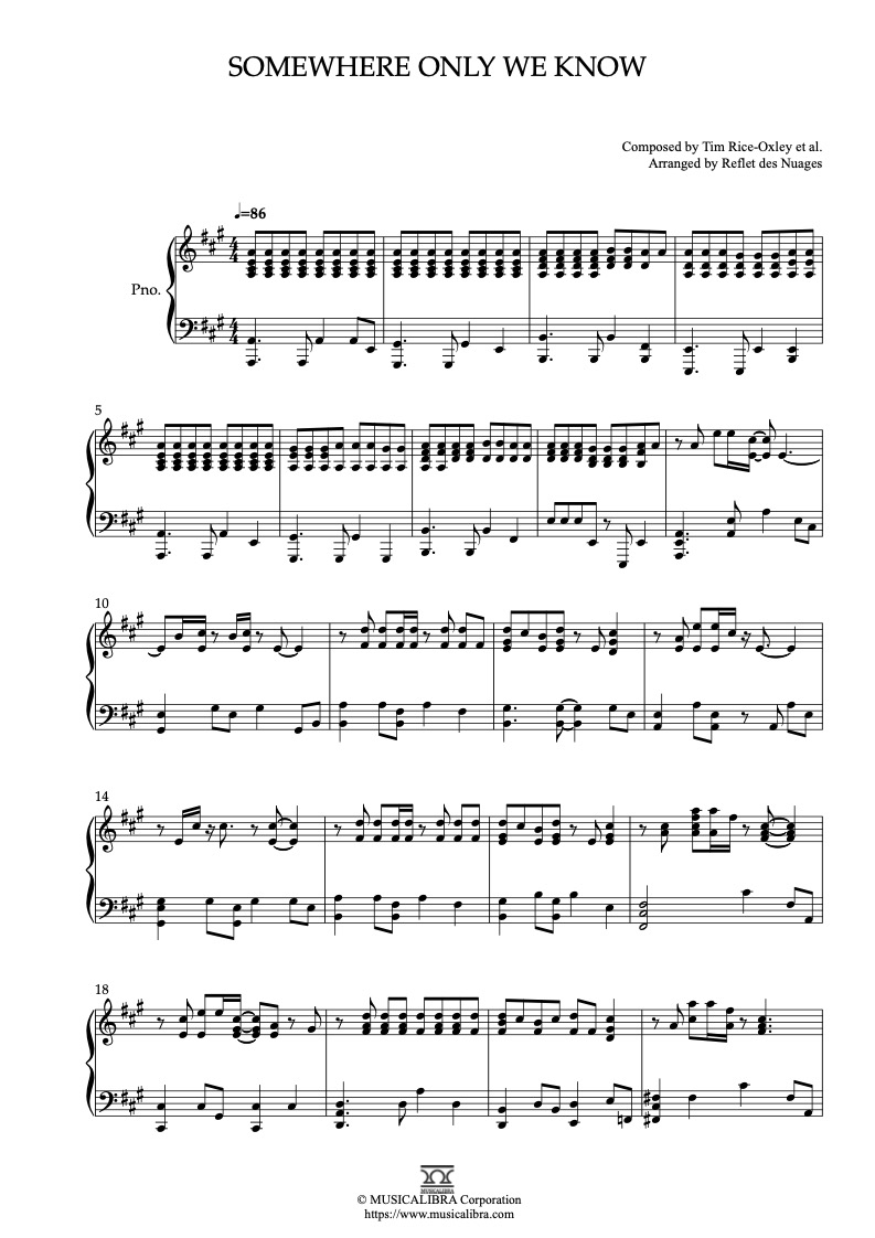 Sheet music of Keane Somewhere Only We Know arranged for piano solo preview page 1