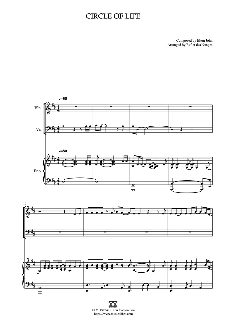 Sheet music of The Lion King Circle of Life arranged for violin, cello and piano trio chamber ensemble preview page 1