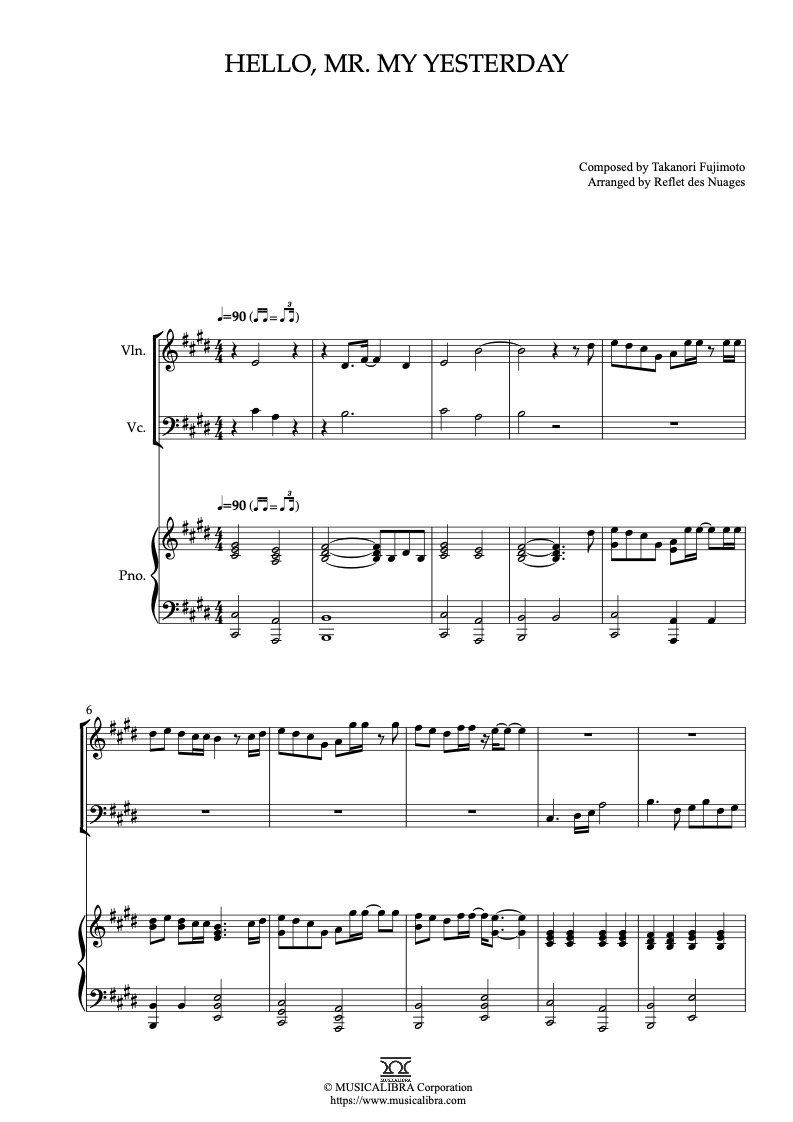 Sheet music of Detective Conan Hello, Mr. My Yesterday arranged for violin, cello and piano trio chamber ensemble preview page 1