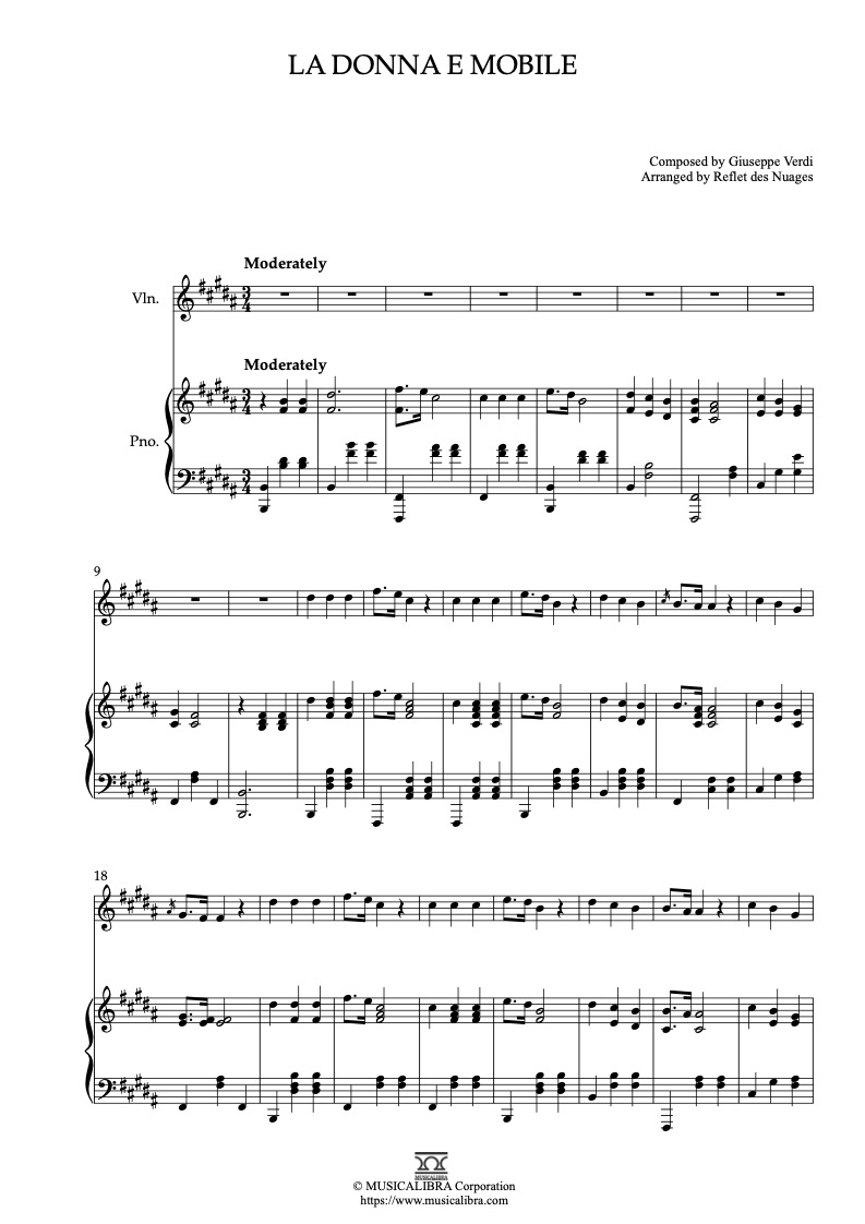 Sheet music of La donna e mobile arranged for violin and piano duet chamber ensemble preview page 1