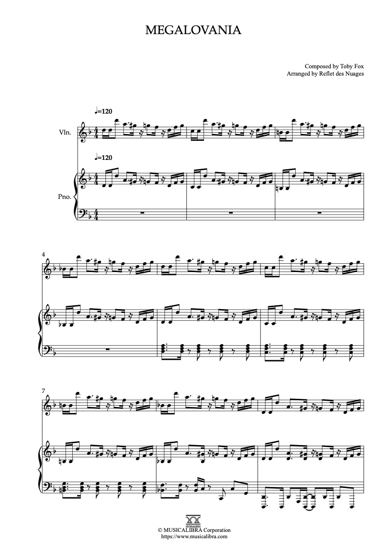 Partitura de Undertale OST Megalovania arreglada para dueto de violín y piano